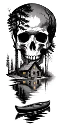 Forest scene where tree limbs create a skull. the let half of the forest shows a cabin on a lake with a canoe tattoo design idea