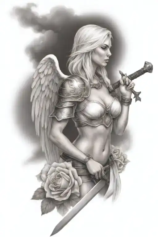 a sexy blond female angel as a warrior with some clouds, a rose and a Cross for a halfsleeve tattoo tattoo design idea