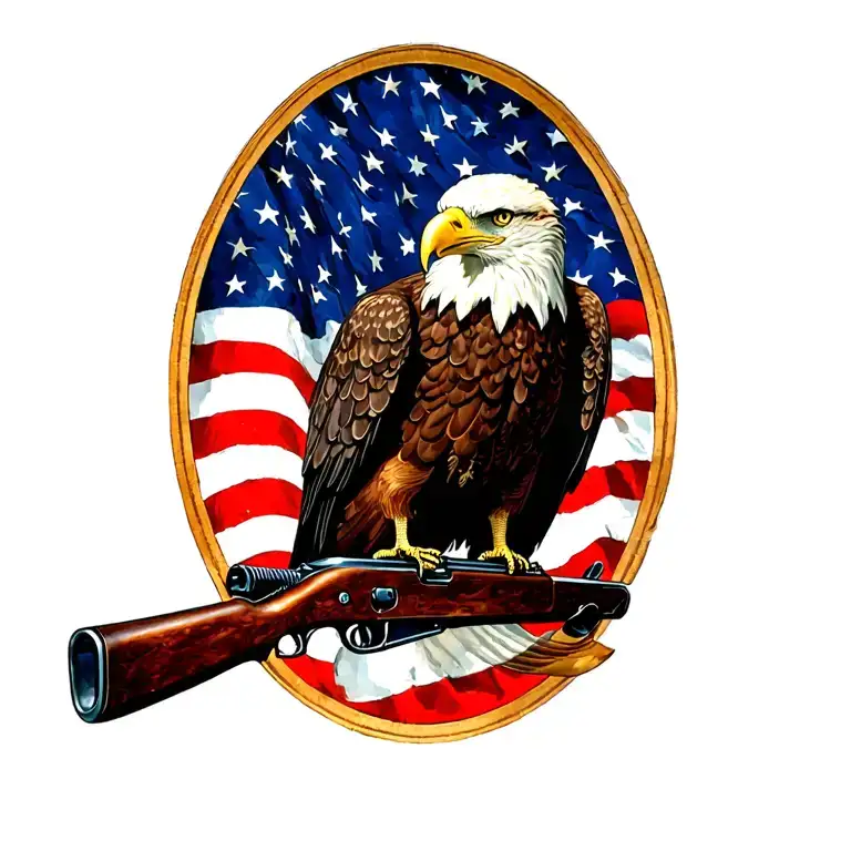 A patriotic bald eagle perched on a rifle with an American flag in the background tattoo design idea