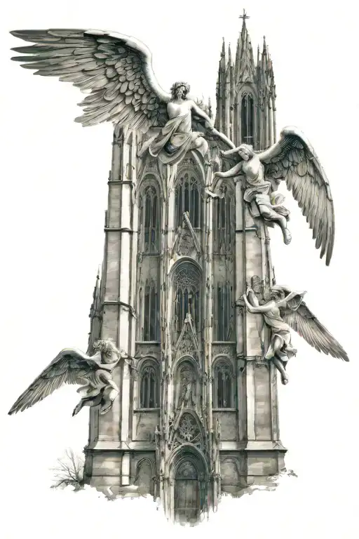 a cathedral with some angels flying tattoo design idea