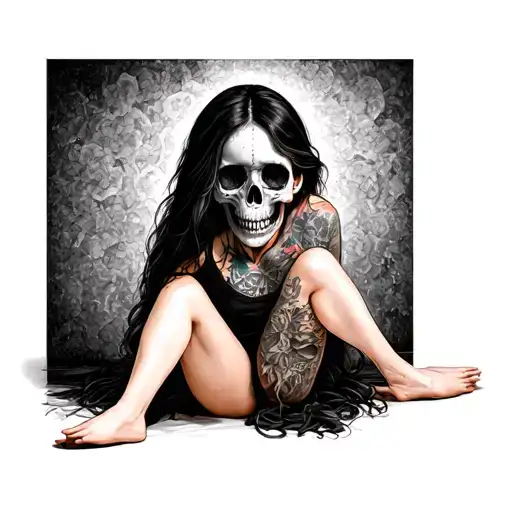 girl sitting on floor and half of her face is a skull tattoo design idea