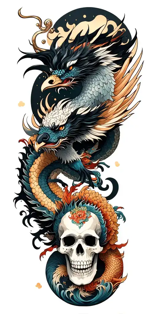 Chinese dragon and phoenix and skull and moon and raven tattoo design idea