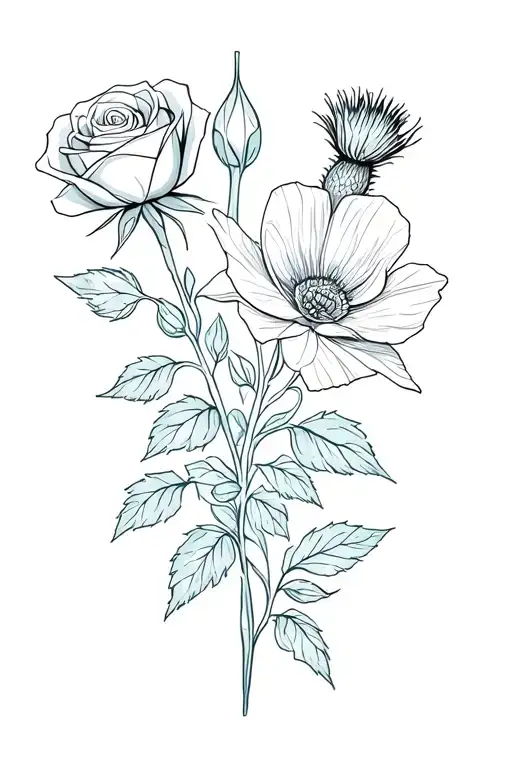 Rose, bauhinia, thistle and poppy in seamless blend of styles including geometric and realistic with water flowing over  tattoo design idea