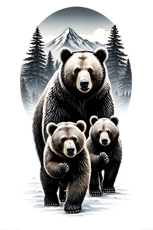 mountains with mama bear and 3 baby bears walking together tattoo design idea