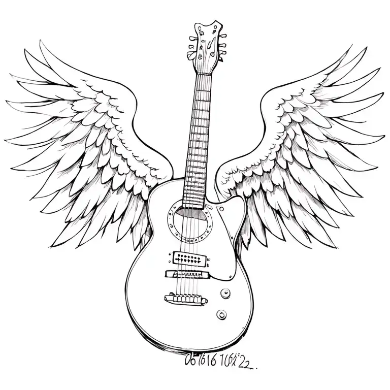 create a tattoo in memory of my dad that has a guitar and dates 06/16/68 to 05/10/22 add angel wings outside of guitar  tattoo design idea
