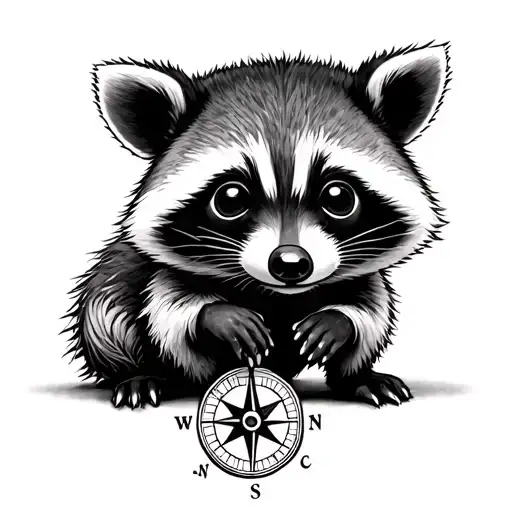 baby racoon sitting holding a compass rose tattoo design idea