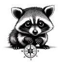 baby racoon sitting holding a compass rose tattoo design idea