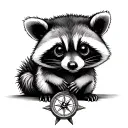 baby racoon sitting holding a compass rose tattoo design idea