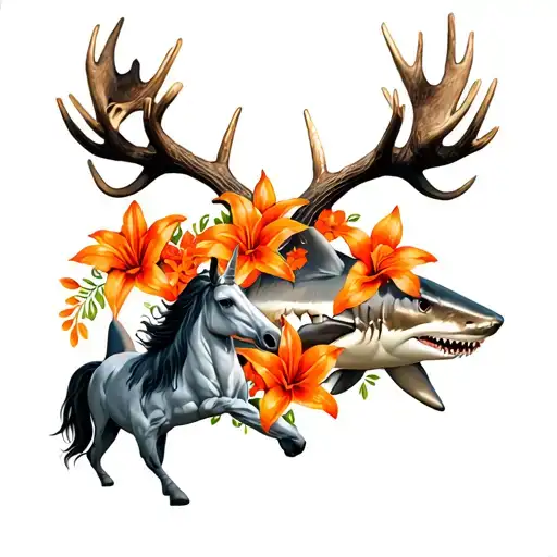 moose antlers wrapped in orange lilys, with a unicorn, a shark, football tattoo design idea