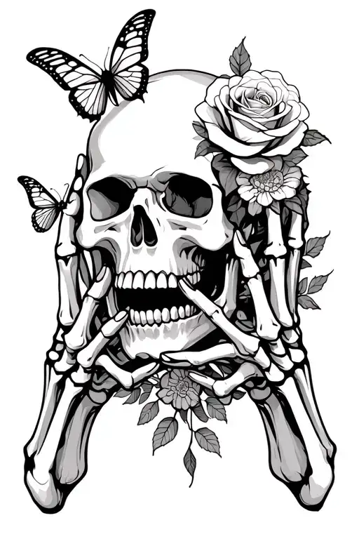 skeleton hands gripping a skull with an open mouth and have roses and ither flowers and butterflies incorperated into it tattoo design idea