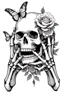skeleton hands gripping a skull with an open mouth and have roses and ither flowers and butterflies incorperated into it tattoo design idea