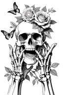 skeleton hands gripping a skull with an open mouth and have roses and ither flowers and butterflies incorperated into it tattoo design idea