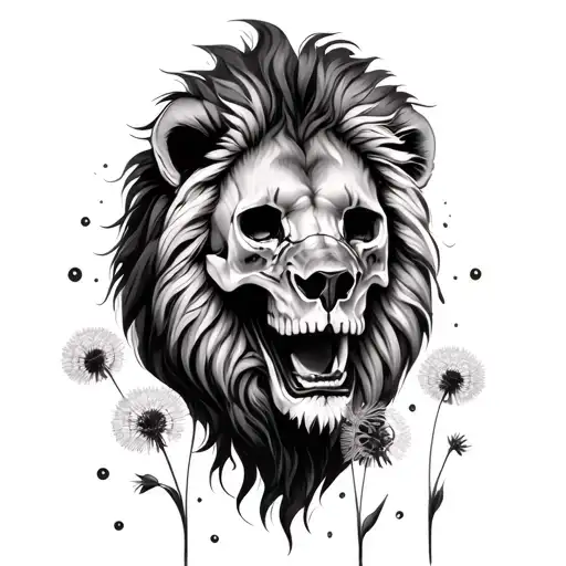 A lion made out of dandelions blowing around skull tattoo design idea