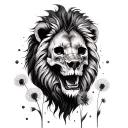 A lion made out of dandelions blowing around skull tattoo design idea