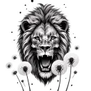 A lion made out of dandelions blowing around skull tattoo design idea