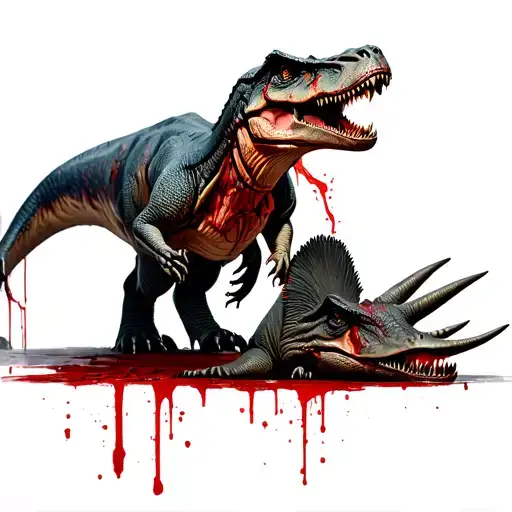 T-rex roaring with bloody jaws standing on freshly killed triceratops tattoo design idea
