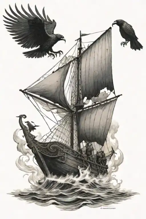 Viking ship on fire, with a raven flying and some warriors jumping off the ship tattoo design idea