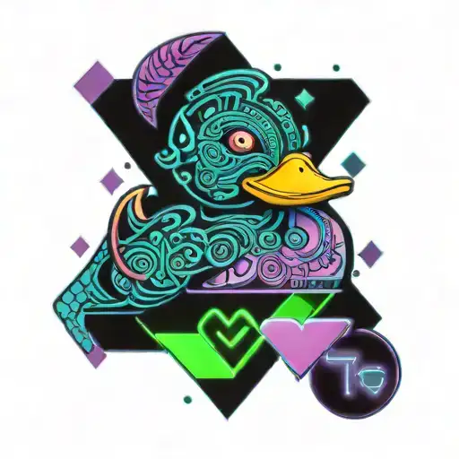 blue rubber duck with 2 hearts around it, one purple and one green.  tattoo design idea
