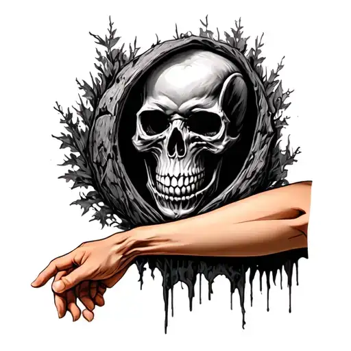 A human arm with realistic natural skin tone, displaying a 3 inch tall skull tattoo on the forearm. The cave tattoo design idea