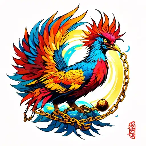 colourful phoenix with broken chains and a ball of light tattoo design idea