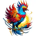 colourful phoenix with broken chains and a ball of light tattoo design idea