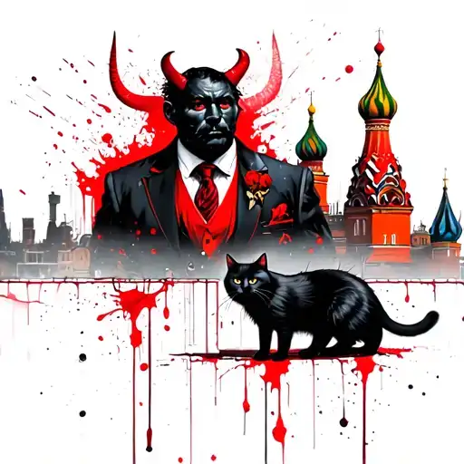 a handsome devil standing in a suit, with little horns. a black cat next to him, above the kremlin skyline tattoo design idea