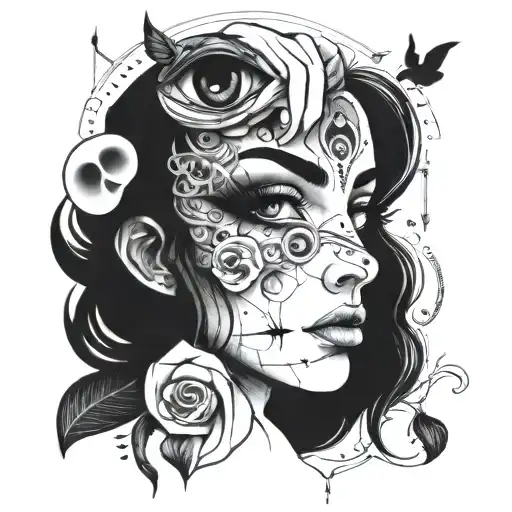 A tattoo design of a woman's eyes shedding tears of love, surrounded by symbols of familia and lealtad tattoo design idea