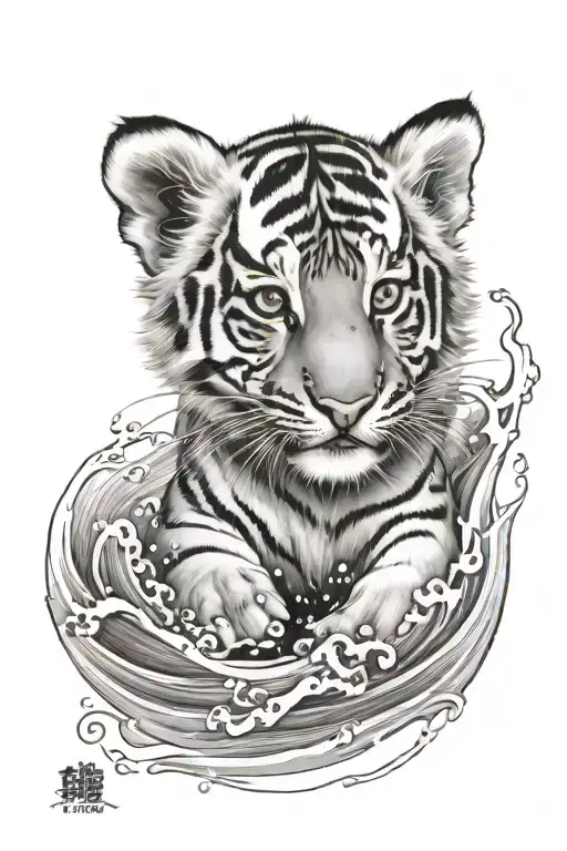 tiger cub playing in the waves tattoo design idea