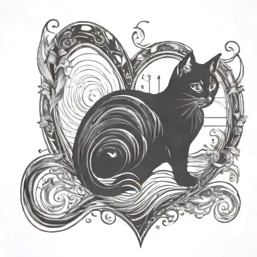 Heartbeat line with heart, silhouette of a cat, paw and sun and sea wave tattoo design idea