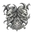 god and devil face looking at each other tattoo design idea