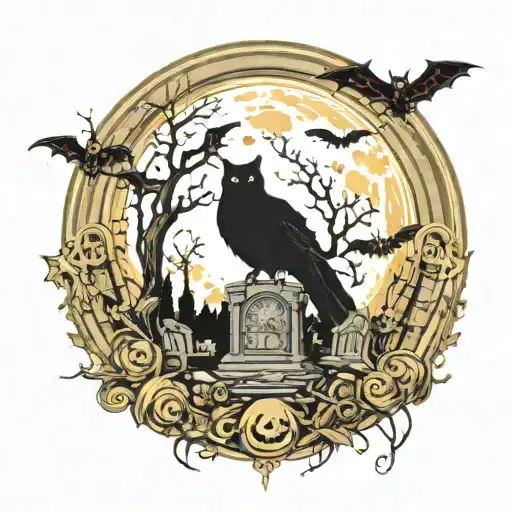A spooky graveyard scene with a full moon and bats flying around, incorporating elements of technology like circuit boards or computer code tattoo design idea