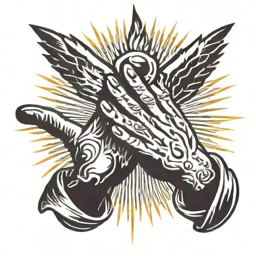 praying hands with fire and light rays coming tattoo design idea