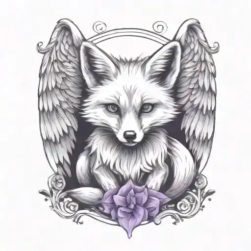small fox sitting  with angel wings wrapped evenly with purple butterfly  tattoo design idea