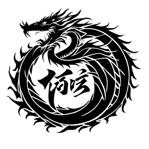 ouroboros dragon biting its tail surrounding chinese surname fang tattoo design idea