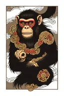 warrior monkey with japanese waves and other elements surrounding it to hide it a little tattoo design idea
