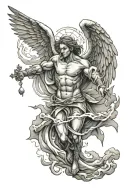 angel falling with lightning storm with a cross and dark clouds  tattoo design idea