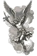 angel falling with lightning storm with a cross and dark clouds  tattoo design idea