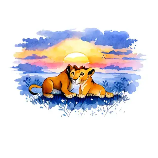 Simba and Nala cuddling with a sunset tattoo design idea