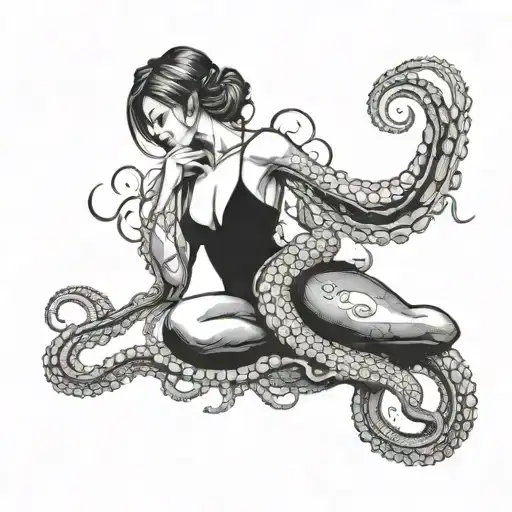 woman full body and octopus wrapped tightly tattoo design idea