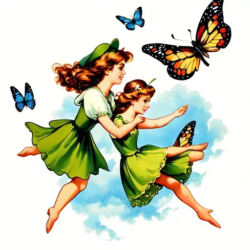 peter pan and wendy flying with butterflies flying tattoo design idea