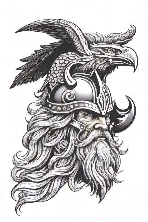 powerful god odin, with horned helmet, his 2 ravens, beard and long hair, furious viking warrior style tattoo design idea