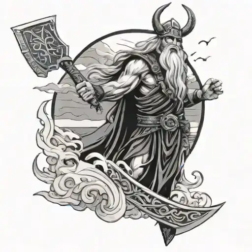 ODIN HOLDING AN AXE IN EACH HAND WITH PRIDE AND GRIEF IN FRONT OF A SEA IN THE BACKGROUND, THE SKY IS DARK WITH tattoo design idea