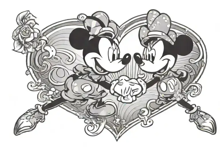 minnie and mickey mouse making a heart shape with thier hands facing forward. tattoo design idea