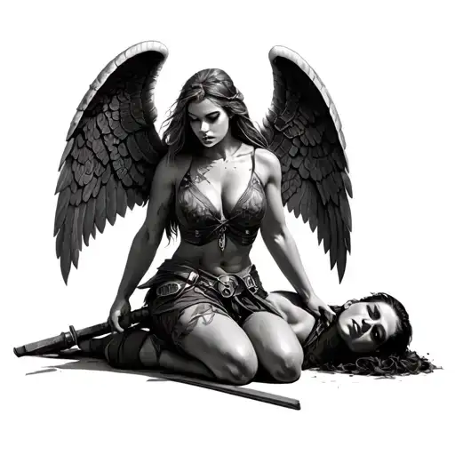 create a hyper realistic tattoo of a valkyrie kneeling over the body of a fallen soldier. tattoo design idea