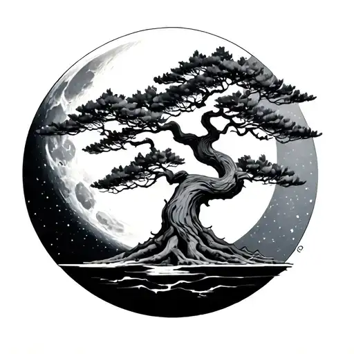 bonsai tree with infinite tsukuyomi moon surrounded tattoo design idea