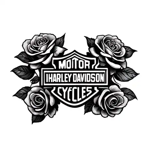 a black realistic shaded Harley Davidson logo with three soft  shaded roses around it tattoo design idea