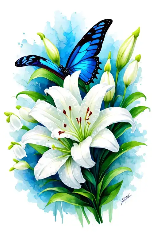 blue butterfly white Lilly of the valley flowers tattoo design idea