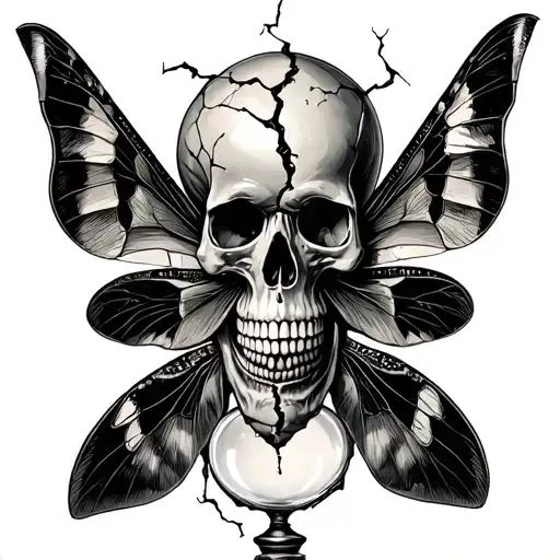 skull, broken, vintage egg timer, death moth tattoo design idea
