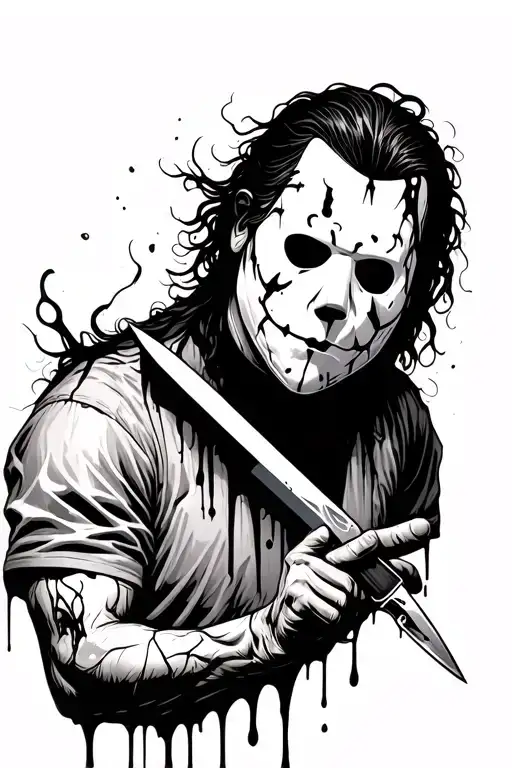 michael myers half body with a slash on his knife and mask holding knife going to hand dripping blood tattoo design idea