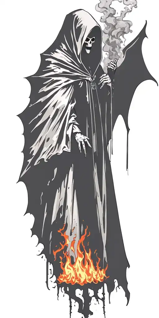 hooded reaper silohuette, smoke, fire, scary, bat wings tattoo design idea